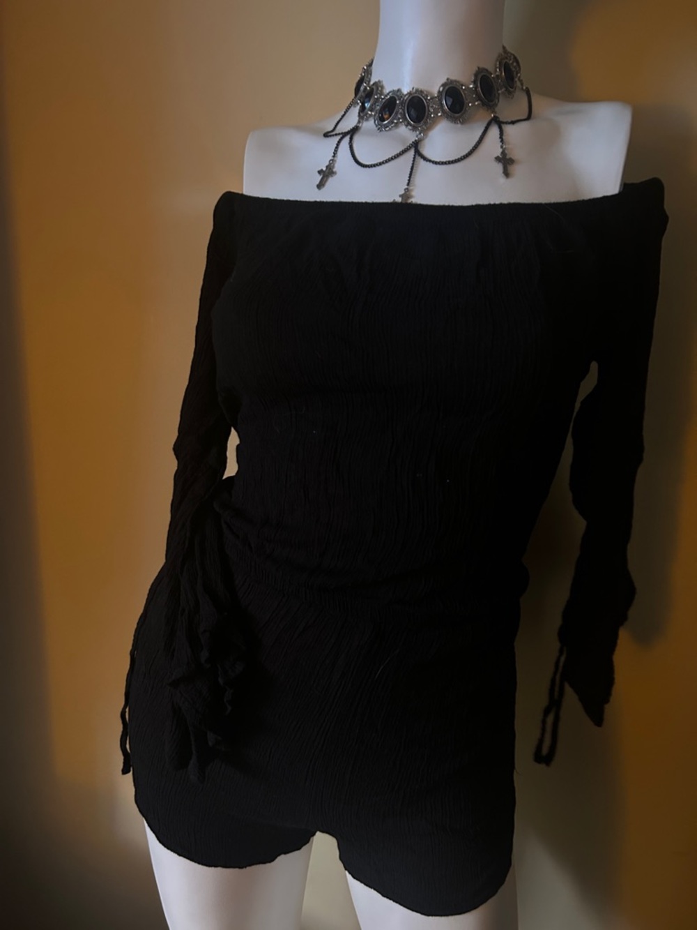 Off-Shoulder Black Ruched Romper